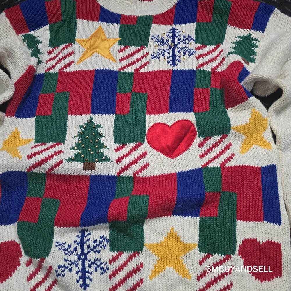 Capistrano Vintage Christmas Sweater Womens 14 Patchwork Tree Star Heart Knit - Picture 3 of 10
